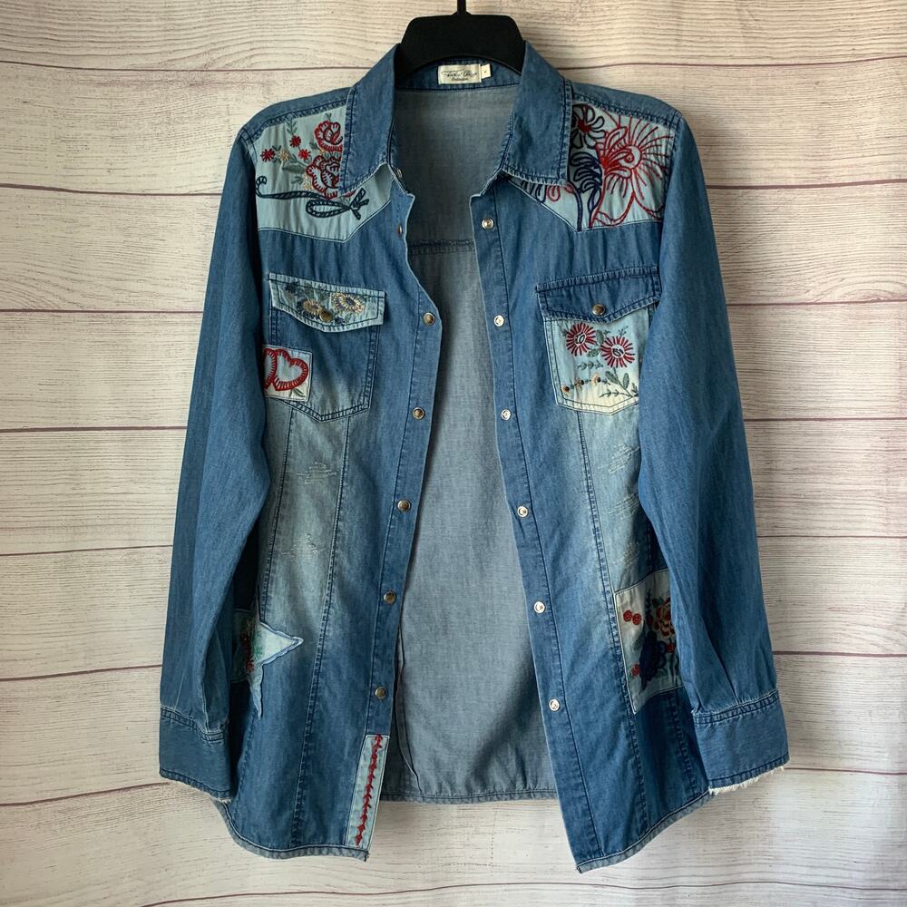 Tasha Polizzi Collection Denim Jean Button Up Shirt Embroidered Patchwork Size M